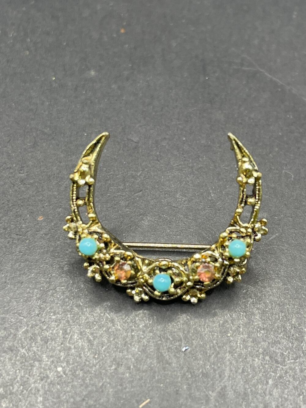 Vintage Signed GERRY'S Rhinestone Crescent Moon Brooch Pin Turquoise/Rhinestone